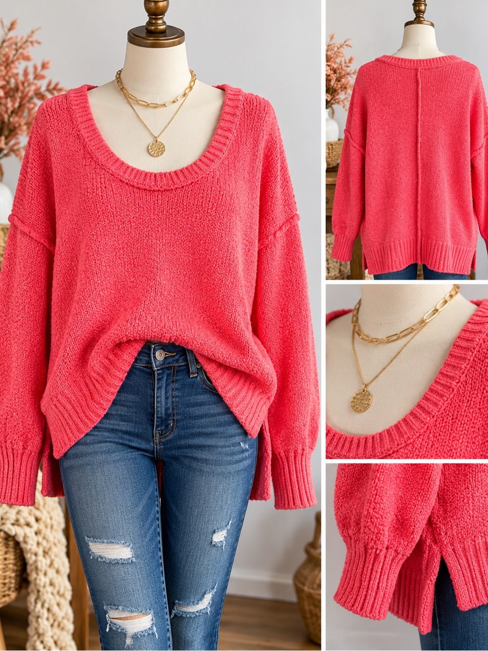 Free People M Coral Pink Oversized Sweater Slouchy Scoop Neck High Low